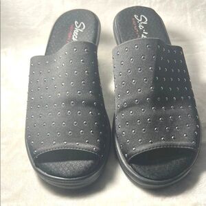 Skechers Cali Rumblers Stud Embellished Memory Foam Black Wedge Sandal Sz 7